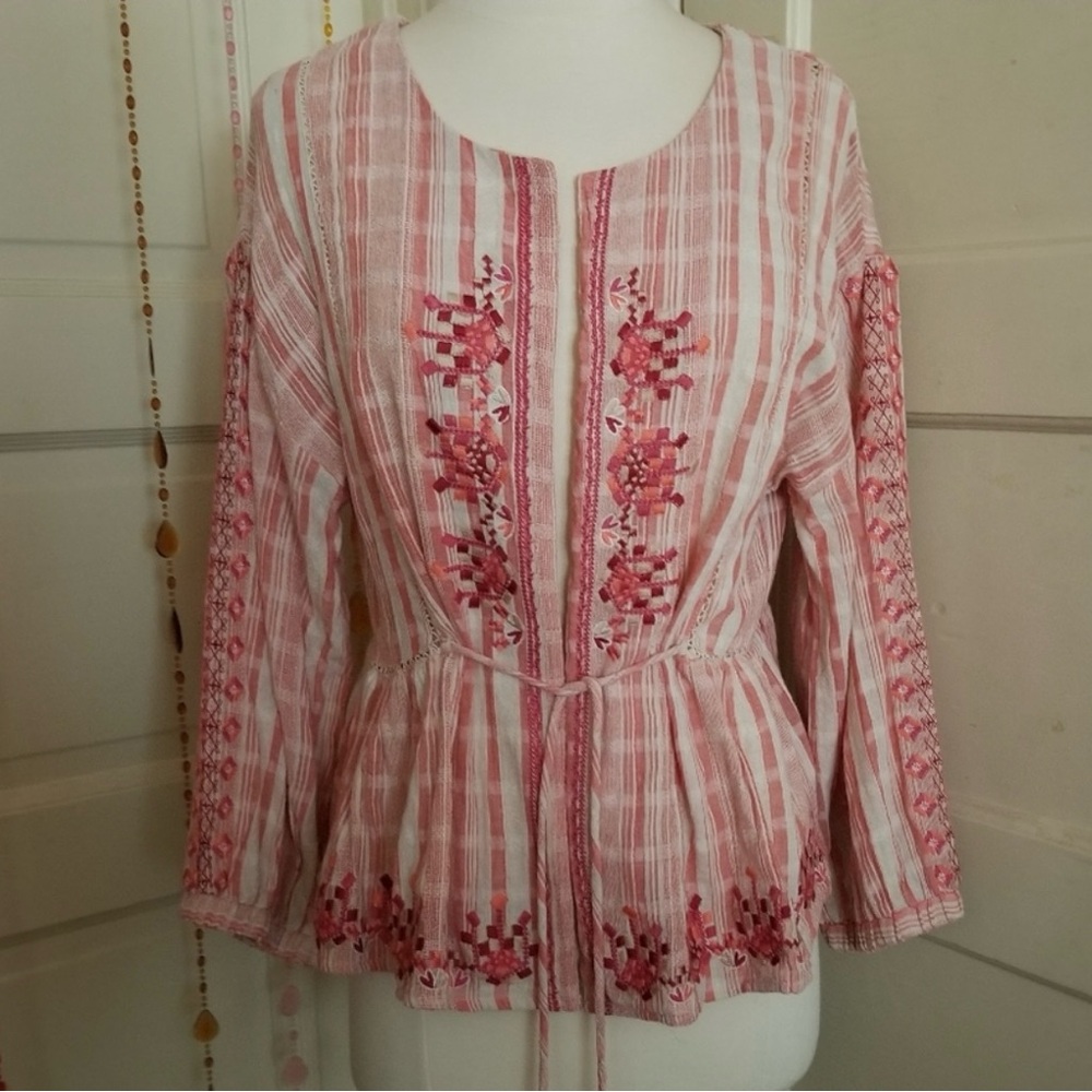 See And Be Seen Embroidered Cotton Boho Tassel Top Pink Large